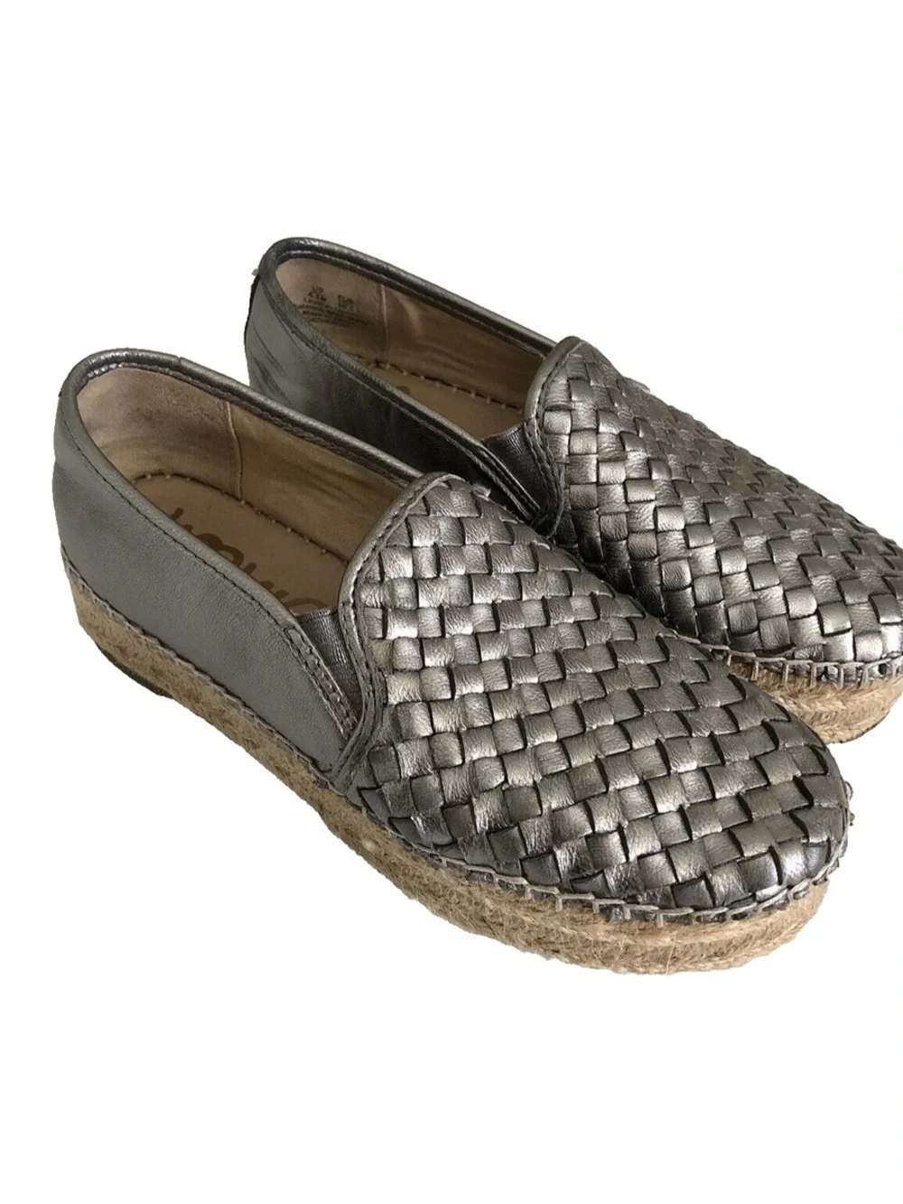 SAM EDELMAN CATHERINE Metallic Gray Silver Woven Leather Espadrille Loafers sz10